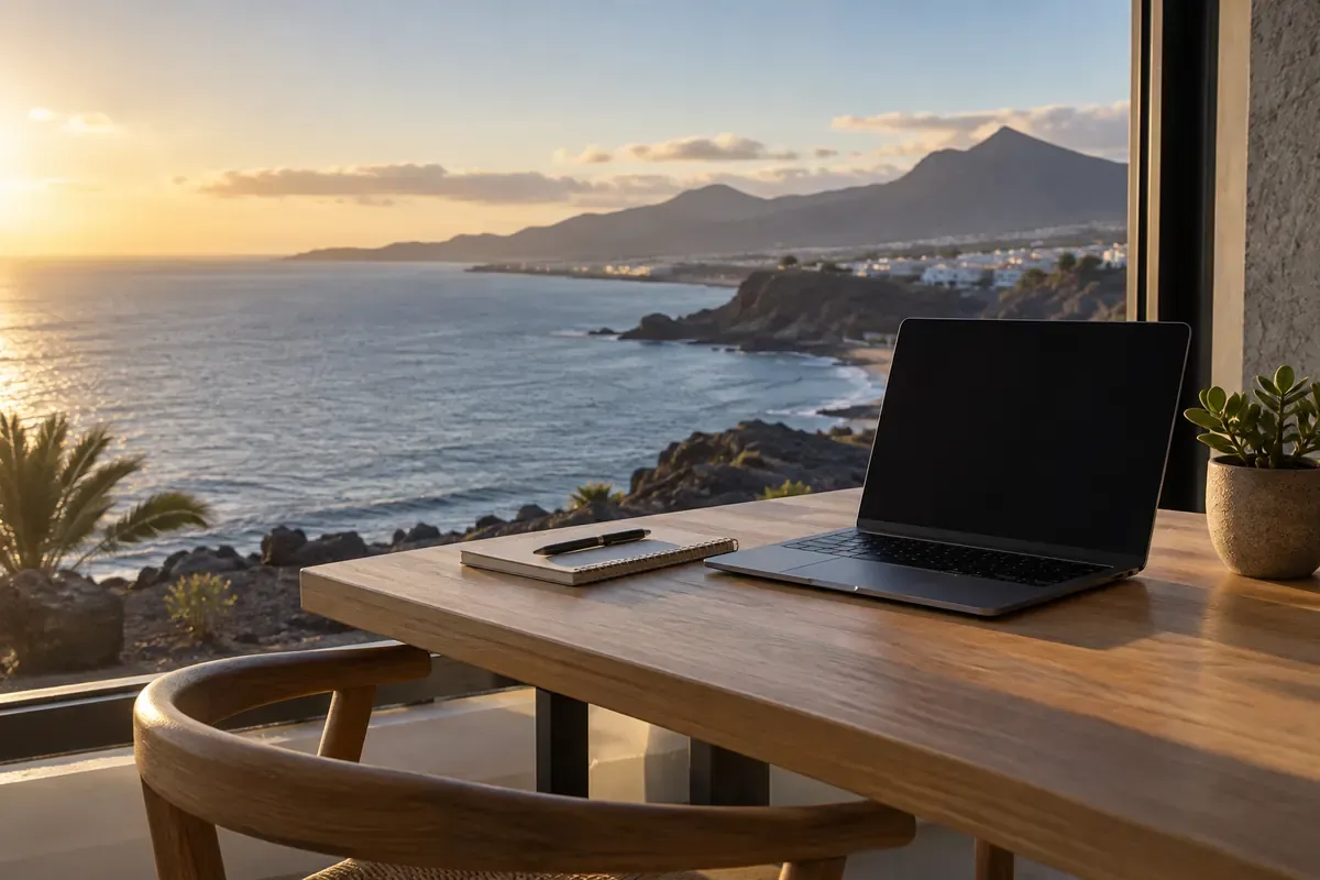 Escena ilustrativa de un espacio de trabajo con portátil frente a la costa